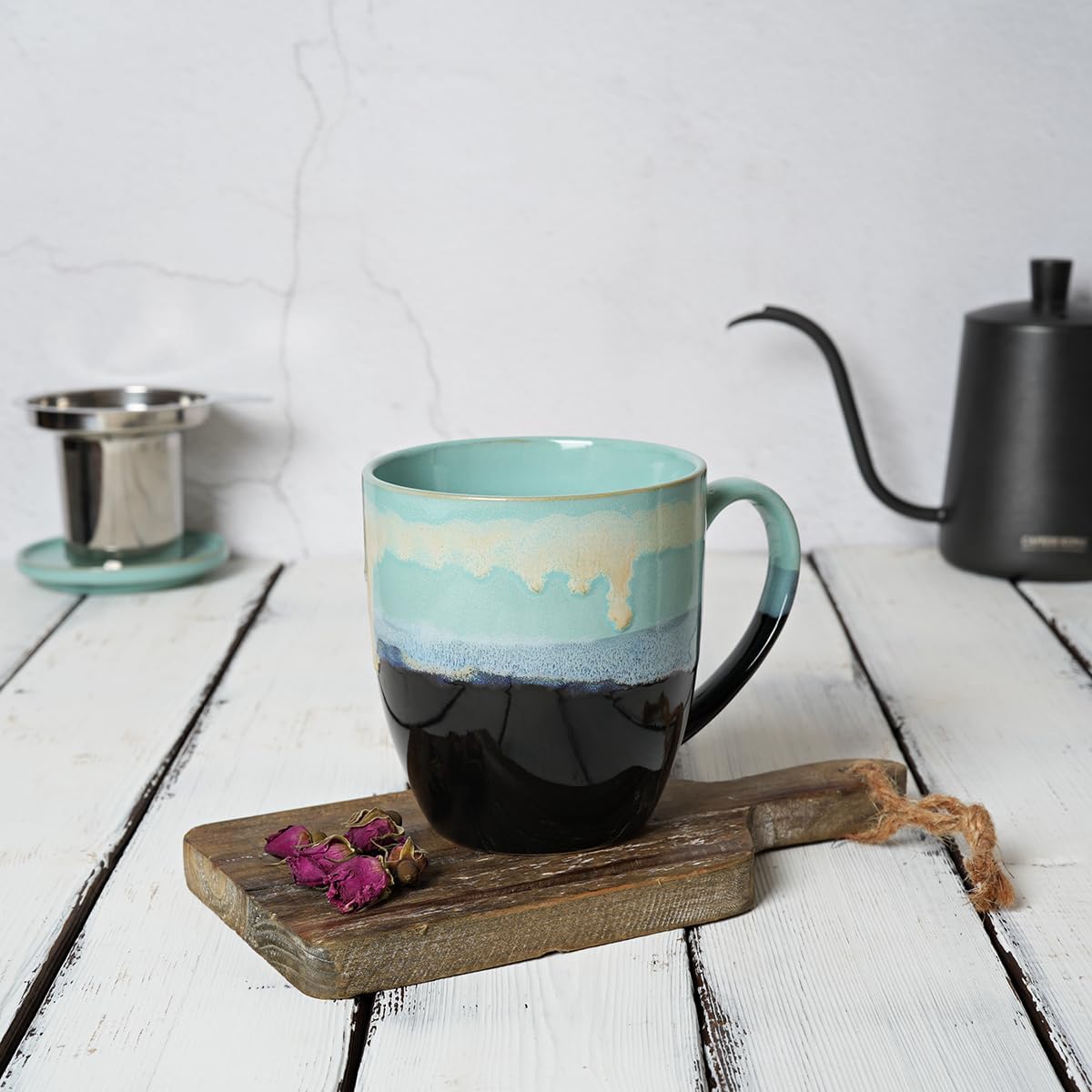 Bosmarlin Ceramic Tea Cup with Infuser and Lid, 16 Oz, 4 Color to Choose Dishwasher and Microwave Safe, Steeping Tea Mug with Strainer (Blue)