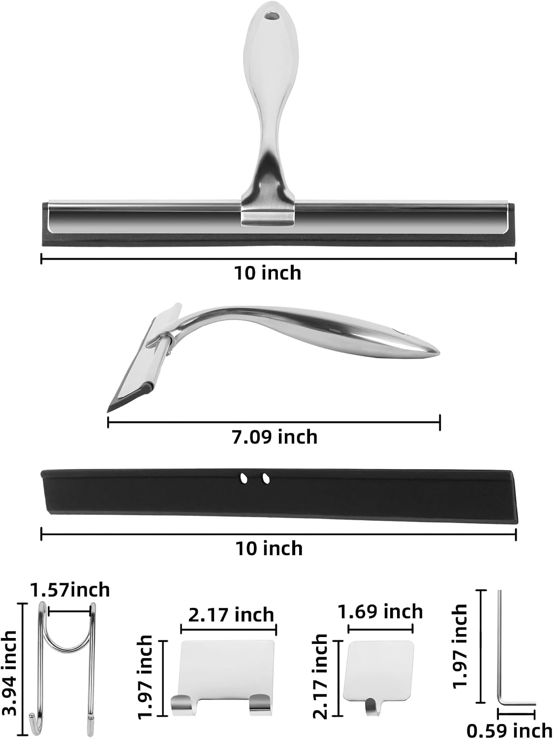 All-Purpose Stainless Steel Shower Squeegee Come with S Hook, 2 Square Sticky Hook 2 Rubber Strips Shower Squeegee for Glass Doors, Windows, Mirrors, Tiles and Car Glass -10 Inches Silver
