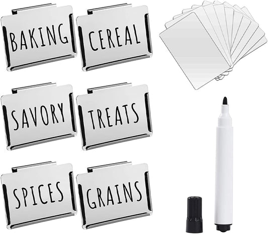 Kitchen Clip Label Holder,Silvery Metal Basket Label Clip On Holders,Basket Labels Clip Set for Pantry Organization Box,Bin Clips Labels Tags ,6 Pcs Clip Holders with 20 Pcs White Blank Cards
