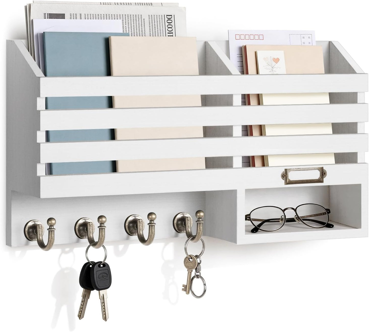FifthQuarter Key and Mail Holder Wall Mount with Drawer and 6 Sturdy Hooks | Cute Rustic Farmhouse Wooden Key Hanger, Reliable Entryway Organizer for Keys and Daily Essential, Easy Installation, A-White