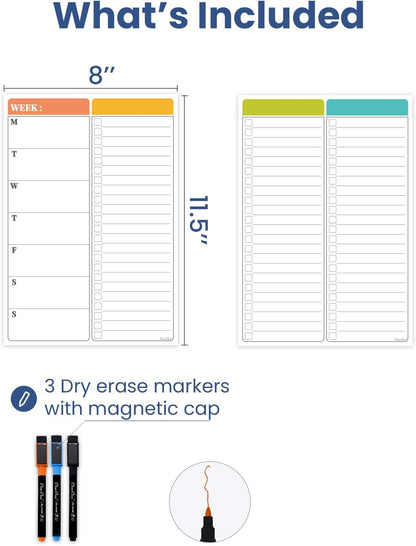 Non-Magnetic Dry Erase Calendar Set for Fridge - Reusable Monthly and Weekly Calendar Sticks to Most Smooth Surfaces - 6 Dry Erase Markers Included - Shipped Flat
