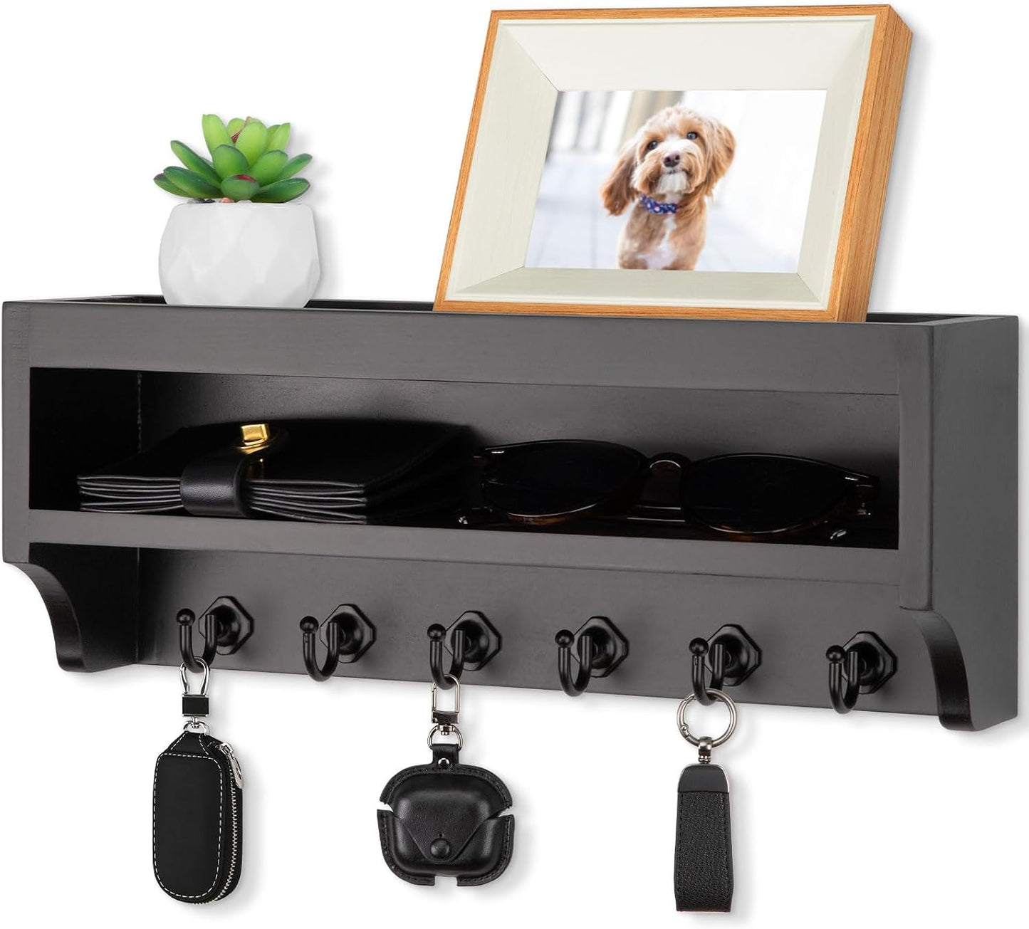 Nekon Key Holder Wall Mount, Pine Wooden Mail Organizer, White | 12.8"W x 5.6"H x 3.7"D Wall Mounted Key and Mail Organizer with 6 Key Hooks, Key Rack for Home Entryway Decor