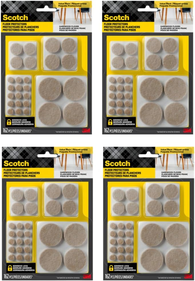 Scotch Felt Pads 162 PCS Beige, Felt Furniture Pads for Protecting Hardwood Floors, Round, Assorted Sizes Value Pack, Self-Stick design, Protecting from nicks, dents and scratches (SP845-NA)