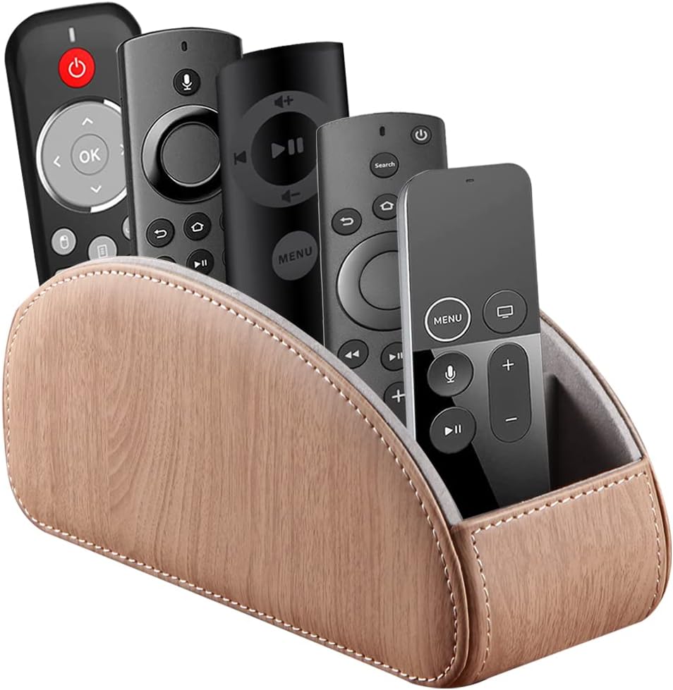 Pu Leather TV Remote Control Holder with 5 Compartments,Remote Caddy/Tray | Bedside Table Desk Storage Box/Organizer for Pen,DVD,Blu-Ray,Media Player,Heater Controller,Cosmetics,Glasses,Office Supplies