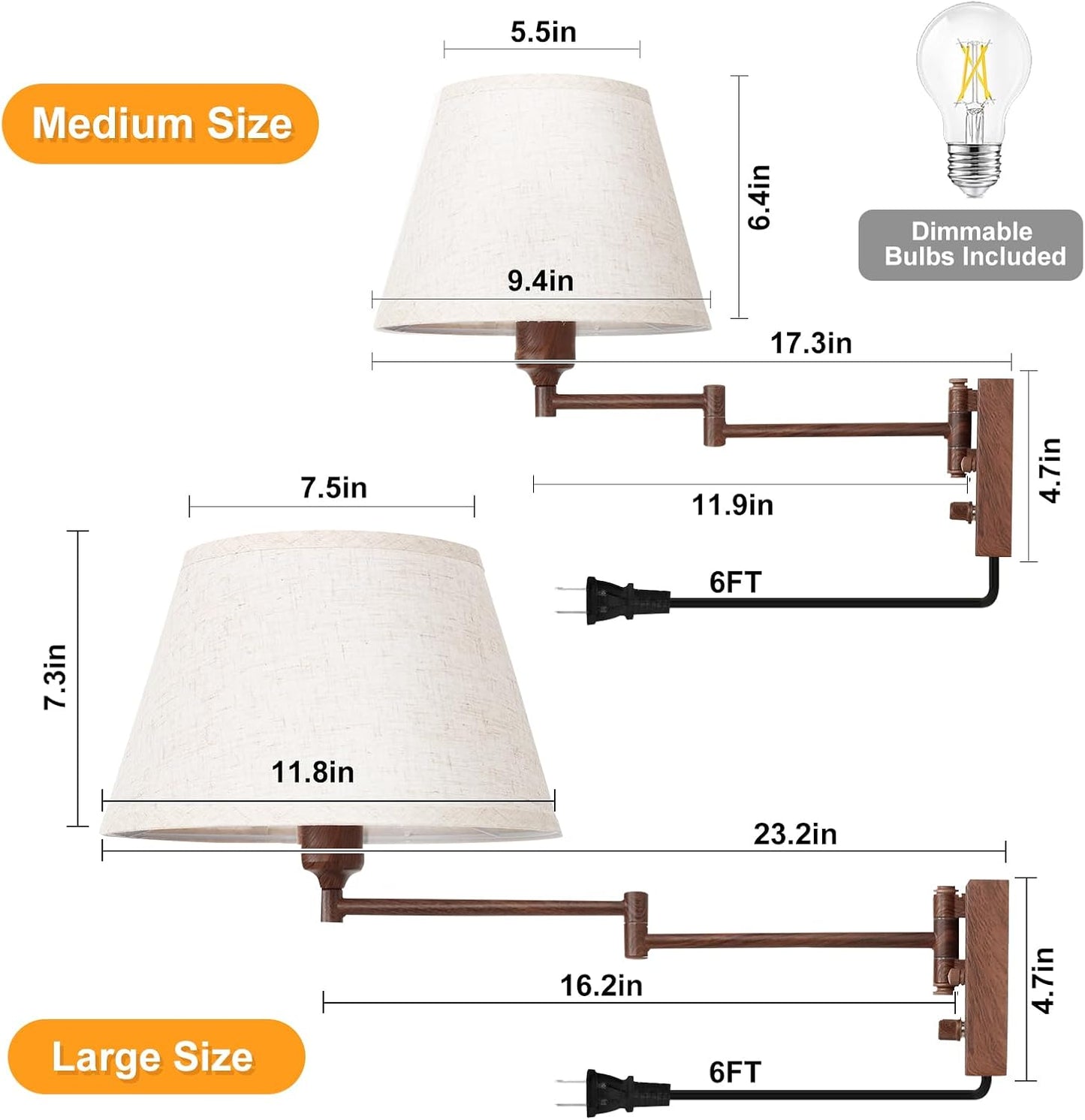 TRLIFE Wall Sconce Plug in, Dimmable Wall Sconces Set of Two Swing Arm Wall Lights with Plug in Cord and On/Off Dimmer Rotary Switch, 9.4" Medium Beige Fabric Shade(2 Pack, 2 Bulbs)