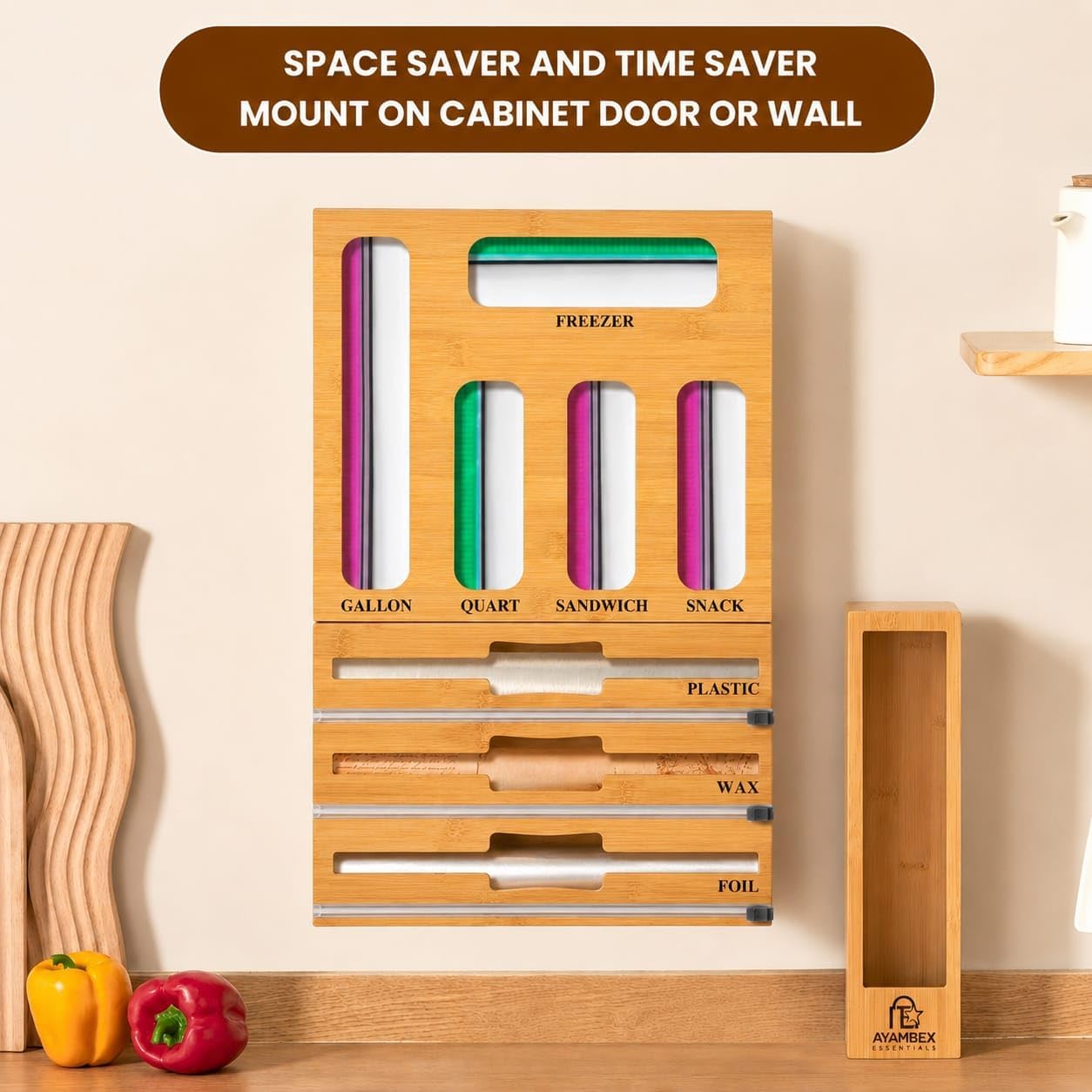 9-in-1 Bamboo Kitchen Drawer Organizer - Storage Bag Holder with Built-In Foil & Wrap Cutter Dispenser - Wooden Food Storage Bag Organizer for Gallon, Quart, Sandwich and Snack Sizes
