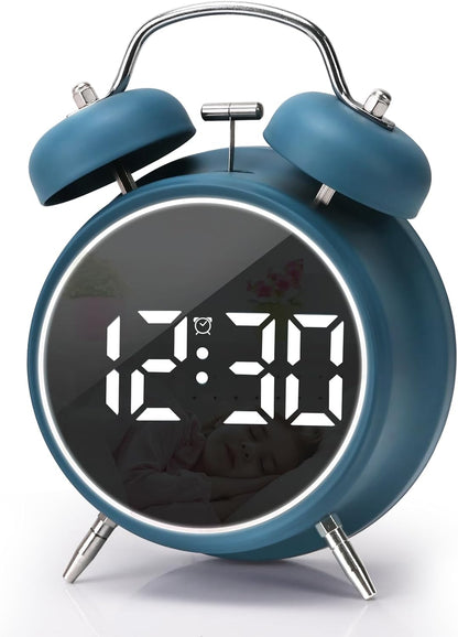 Digital Small Alarm Clock, 4.5 Inch Double Bell Electronic LED Alarm Clock, Plug in or Battery Operated Silent Metal Table Clock, Modern Loud Bedside Clock for Heavy Sleepers Adults Kids (Black)
