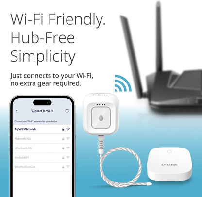 D-Link Next-Gen WiFi Water Leak Detector Starter Kit with 2 sensors—Loud 100 dB Sound Alarm—App Alert—LED Strobe Light—No Hub Required—Works with Google—1000ft Ultra-Long Range—Expandable (SW-A11KT)