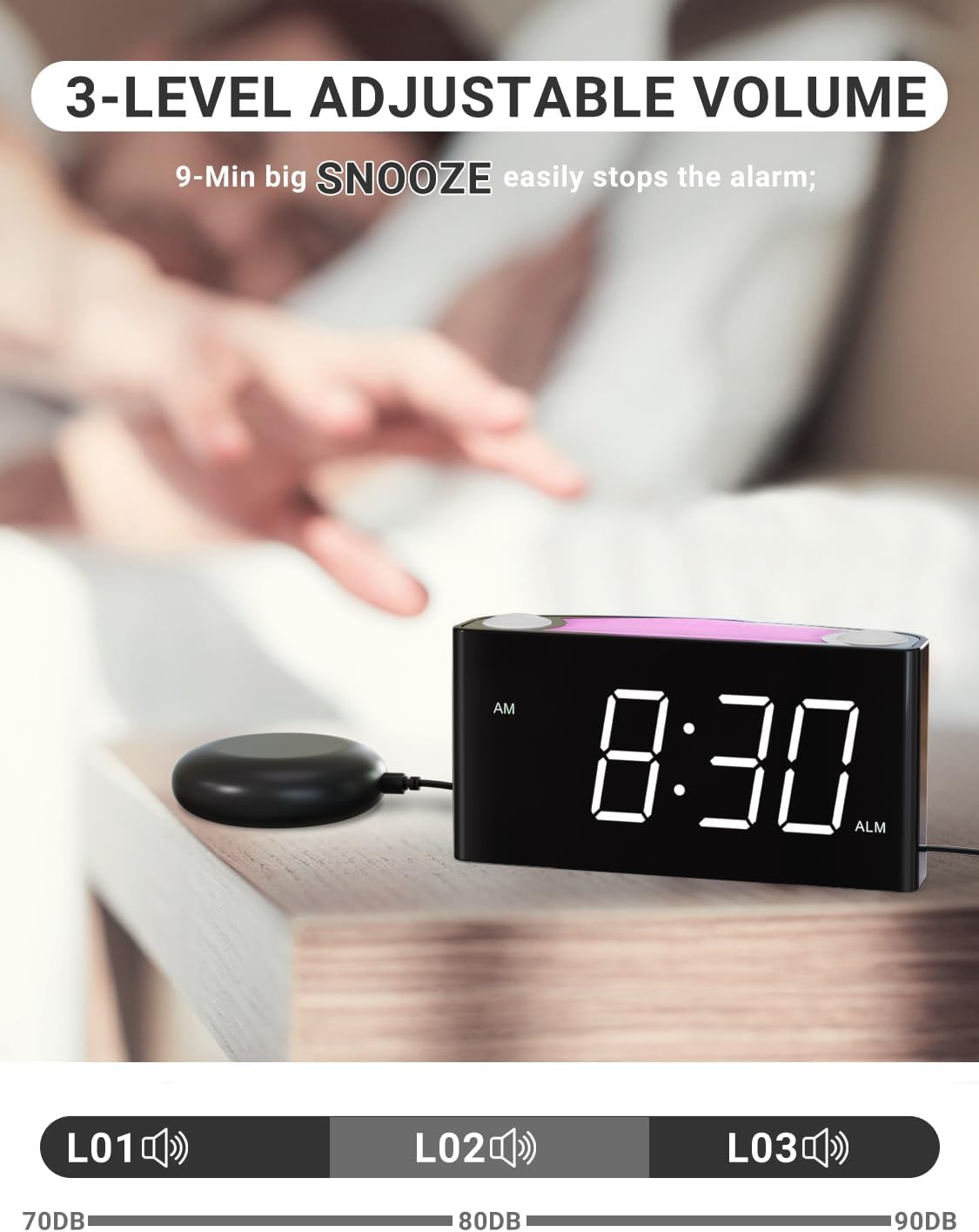 Extra Loud Vibrating Alarm Clock with Bed Shaker for Heavy Sleeper Deaf Hard of Hearing, Large LED Display Digital Clock for Bedroom,Dimmer,Night Light,USB Phone Charger,Battery Backup,Senior Teen Kid