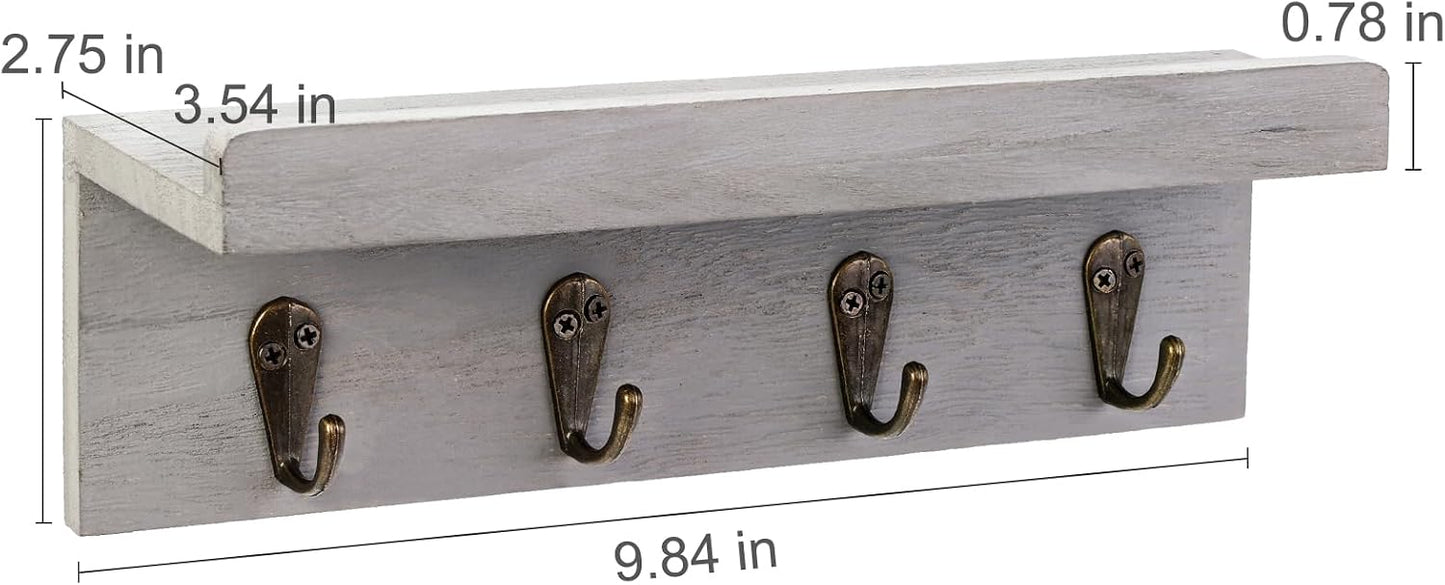 HRONRAD Rustic Key Holder for Wall, Farmhouse Wall Shelf with 4 Hooks, Wall Mounted Key Racks, Wooden Mail Organizer with Hooks for Entryway (Brown - Pine)