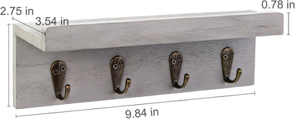 HRONRAD Rustic Key Holder for Wall, Farmhouse Wall Shelf with 4 Hooks, Wall Mounted Key Racks, Wooden Mail Organizer with Hooks for Entryway (Brown - Pine)