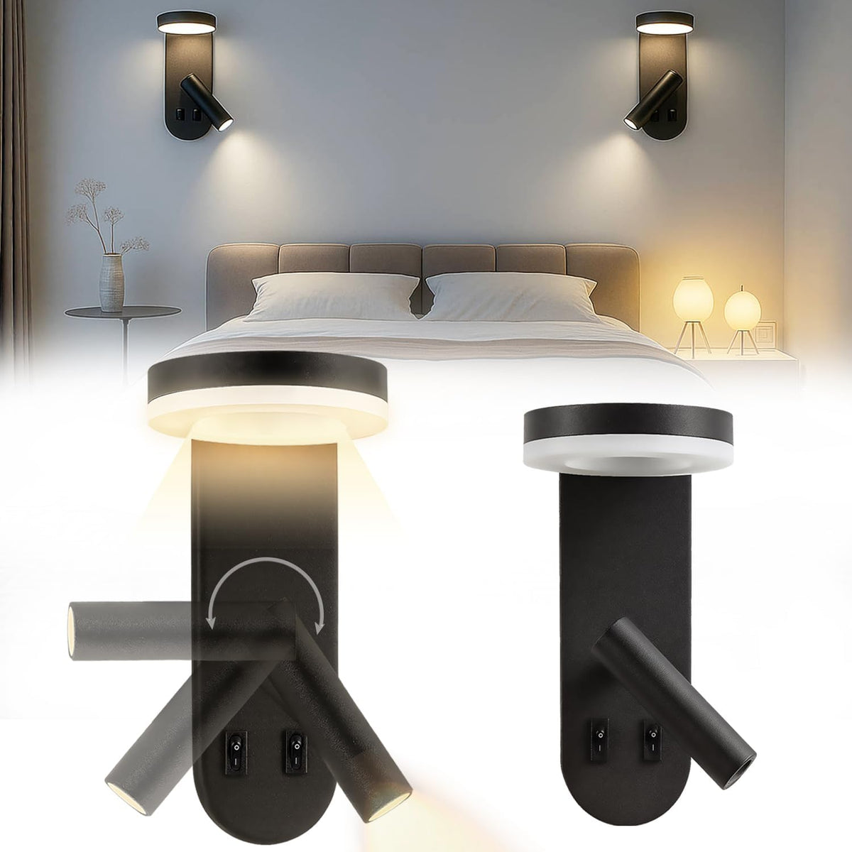Wall Mounted Reading Lights for Bedroom - Independent Switch, 350° Adjustable Bedside Lamps Set of 2, Hardwired Installation LED Wall Sconces for Living Room, Study Room