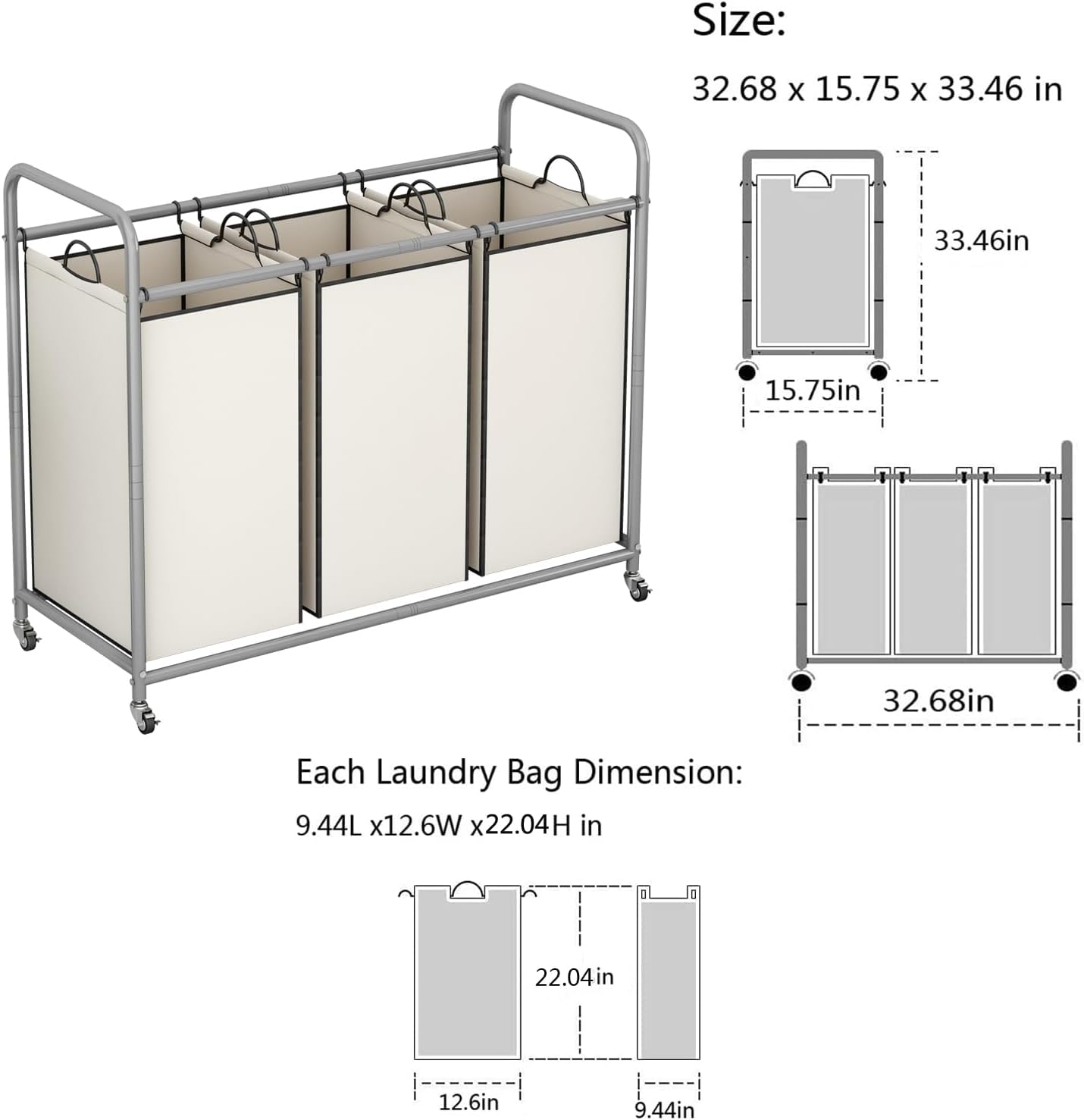LINZINAR 3 Section Laundry Hamper, Black Laundry Basket 135L Laundry Sorter | Laundry Room Organization with Heavy Duty Rolling Lockable Wheels and Removable Bag, Bedroom Laundry Cart for Clothes Storage
