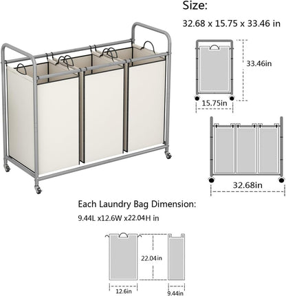 LINZINAR 3 Section Laundry Hamper, Black Laundry Basket 135L Laundry Sorter | Laundry Room Organization with Heavy Duty Rolling Lockable Wheels and Removable Bag, Bedroom Laundry Cart for Clothes Storage