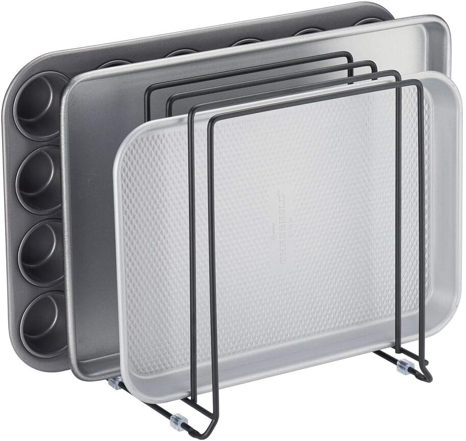 mDesign X-Large Steel Storage Tray Organizer Rack for Kitchen Cabinet - Divided Holder with 5 Slots for Skillets, Frying Pan, Pot Lids, Cutting Board, Baking Sheets - Concerto Collection - White