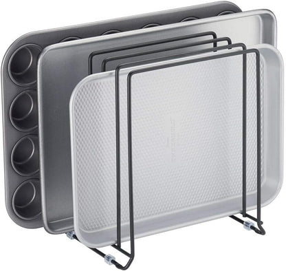 mDesign X-Large Steel Storage Tray Organizer Rack for Kitchen Cabinet - Divided Holder with 5 Slots for Skillets, Frying Pan, Pot Lids, Cutting Board, Baking Sheets - Concerto Collection - White