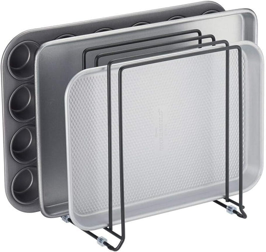 mDesign X-Large Steel Storage Tray Organizer Rack for Kitchen Cabinet - Divided Holder with 5 Slots for Skillets, Frying Pan, Pot Lids, Cutting Board, Baking Sheets - Concerto Collection - White