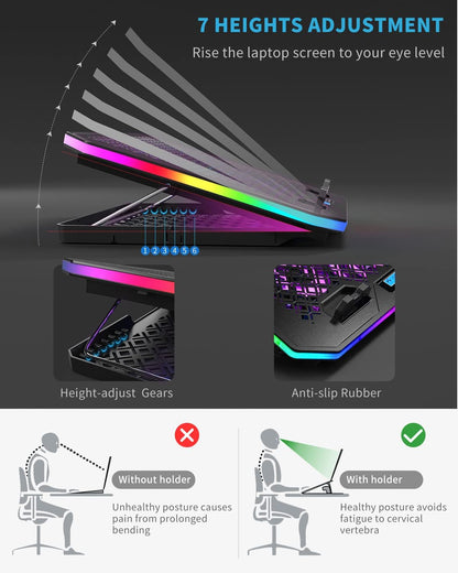 KeiBn Upgarde Laptop Cooling Pad, RGB Lights Laptop Cooler 6 Fans for 15.6-17.3 Inch Laptops, 7 Height Stands, 10 Modes Light, 2 USB Ports, Desk or Lap Use (A8,Blue)