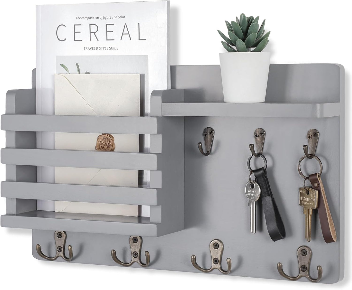 Nekon Mail Holder for Wall, 16.8 Inch Mail Organizer, Black | 16.8Inch x 10Inch x 3.2Inch, Hallway Farmhouse Decor, Storage Racks with Floating Shelf and Flush Mount Hardware