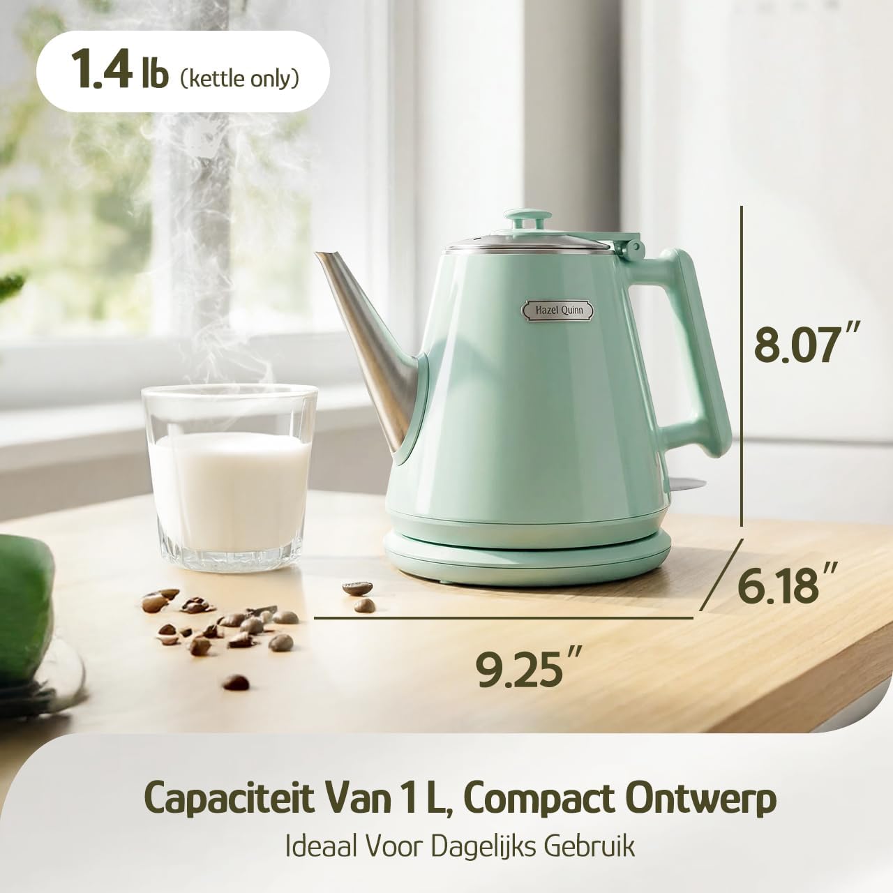 Hazel Quinn Electric Kettle, 1L/34oz Small Tea Kettle - Pearl White | 800W Fast Boil, 304 Stainless Steel Interior, Double-Wall Cool Touch, Gooseneck Spout, Auto Shut-Off, BPA-Free Cordless Home