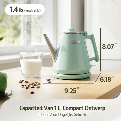 Hazel Quinn Electric Kettle, 1L/34oz Small Tea Kettle - Pearl White | 800W Fast Boil, 304 Stainless Steel Interior, Double-Wall Cool Touch, Gooseneck Spout, Auto Shut-Off, BPA-Free Cordless Home