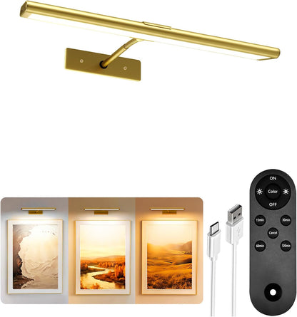EZVALO Picture Light for Wall, 4800mAh Rechargeable Wireless Gold Light with IR Remote, Dimmable Magnetic LED Art Display Light with 3 Color Temperatures, for Gallery, Living Room, Bedroom