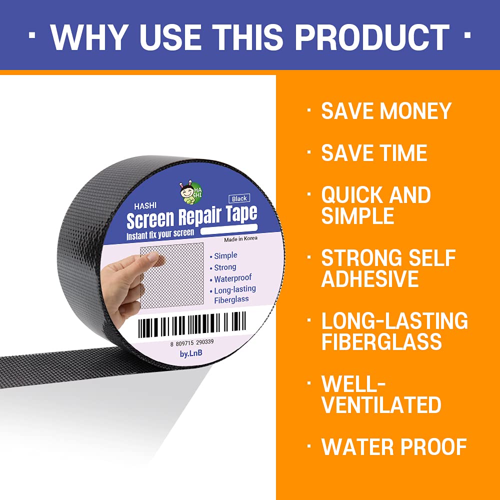 HA SHI Screen Repair Tape for Windows and Screen Doors, 2 in x 6.5 ft, Black
