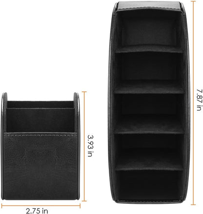 SITHON Remote Control Holder with 5 Compartments | PU Leather Remote Caddy Desktop Organizer Store TV, DVD, Blu-Ray, Media Player, Heater Controllers, Stripe Black