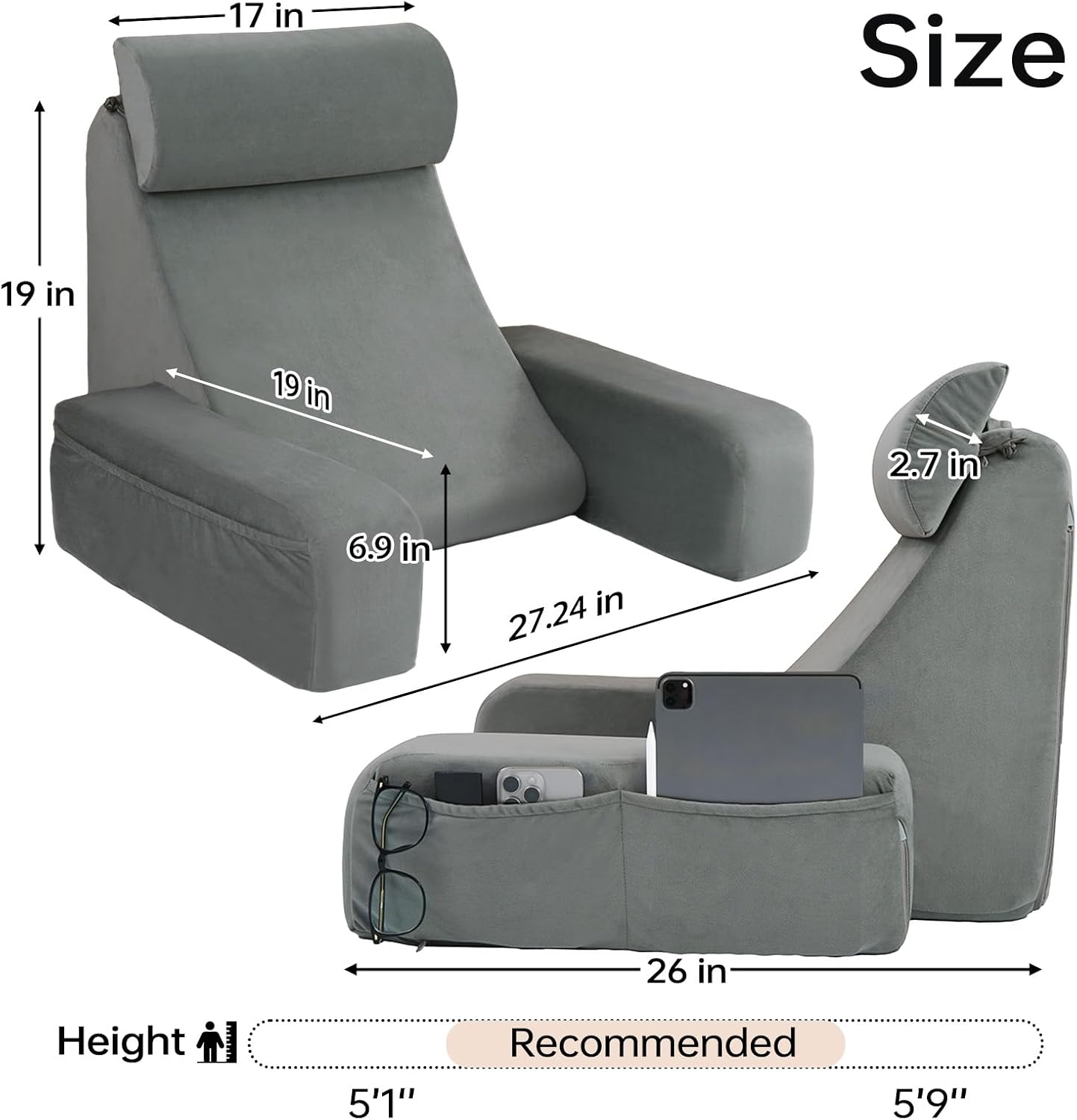 ENITYA 19" Reading Pillow for Bed with Firm Back Support & Big Pockets | Back Pillow for Bed Sitting Up/Watching TV/Nursing/Recovery/Gaming,High Density Foam,Machine Washable Cover,Light Grey