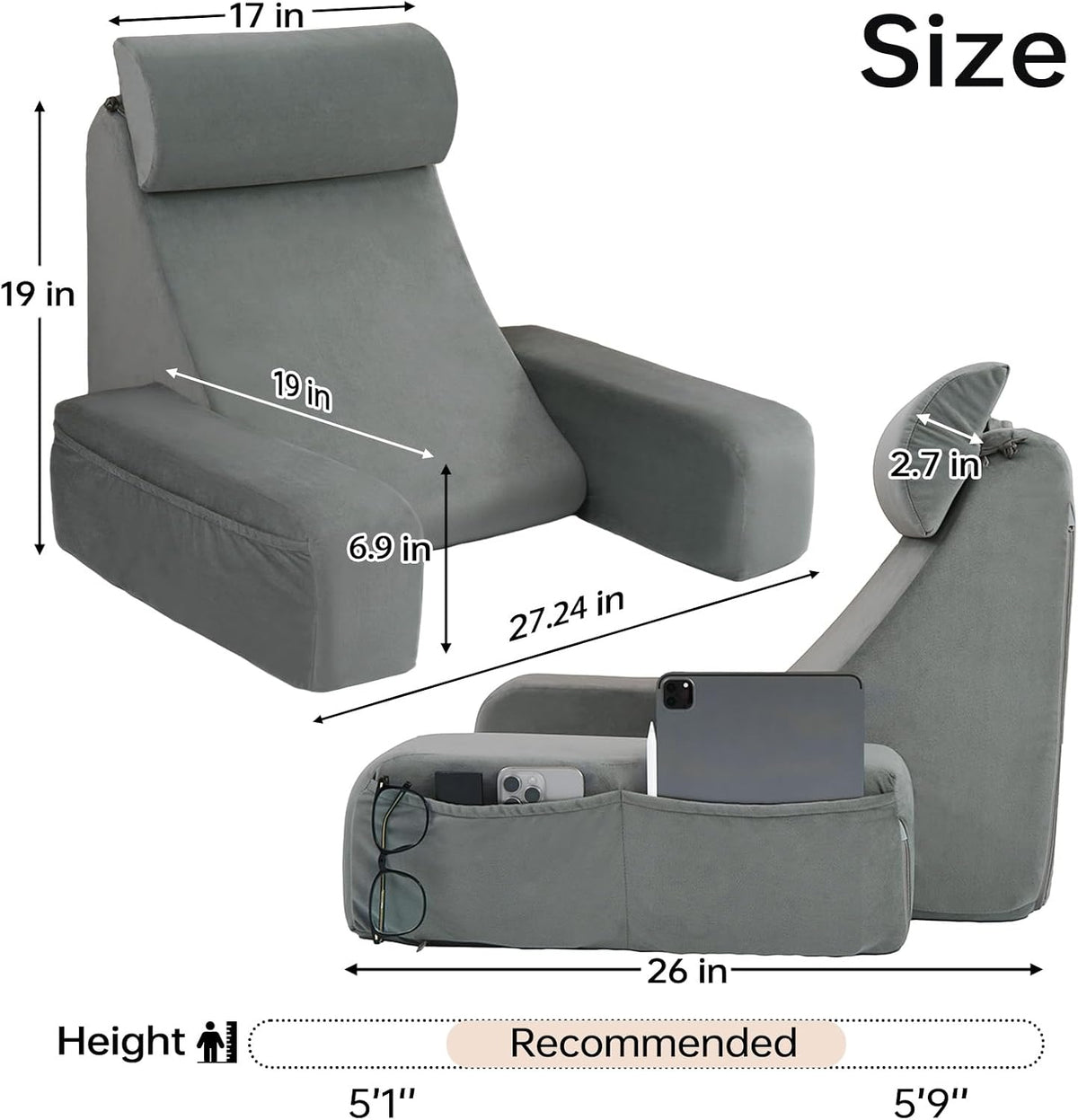 ENITYA 21" Reading Pillow for Bed with Firm Back Support & Big Pockets