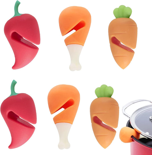 6Pcs Spill-stop Silicone Lid Lifter for Soup Pot - Heat Resistant, Keep Lids Open, Reduce Spills - Chicken Leg, Pepper, Carrot