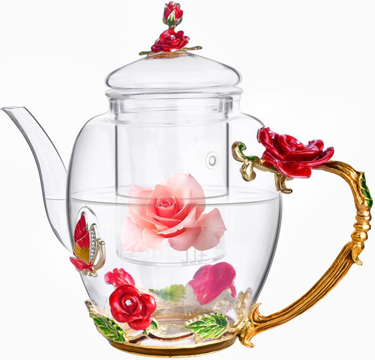 OEAGO Enamel Glass Flower Tea Pot 30.4OZ Birthday Gifts for Women Mom