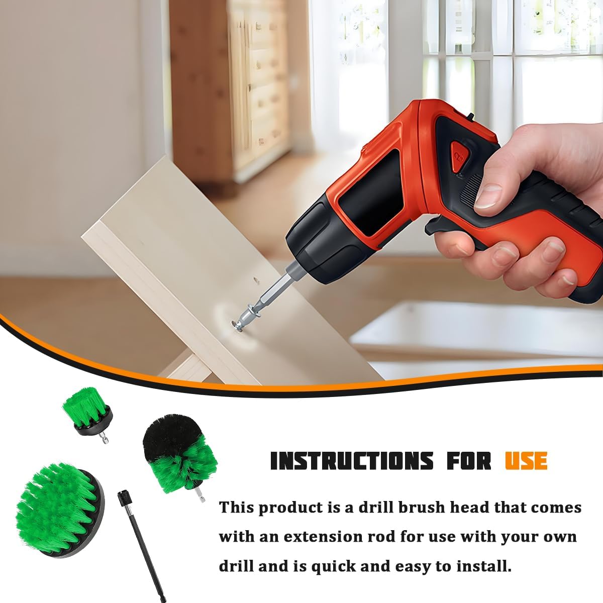 4PCS Drill Brush Attachment Kit with Extension Rod, Red | PP bristles with steel shafts, three brush sizes, quick-change extension rod, follows curved surfaces, compact storage