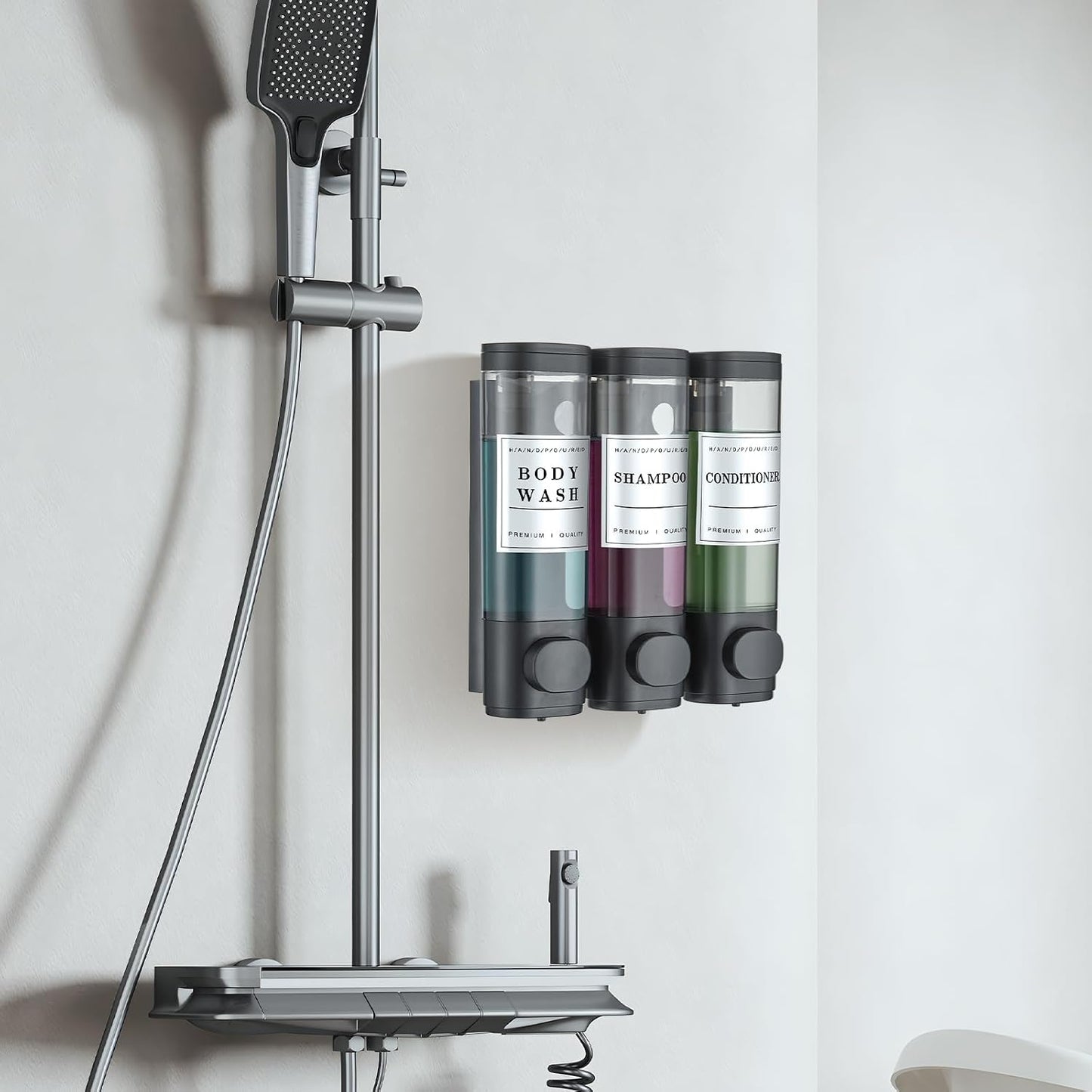 Cabo Deseado Shower Soap Dispenser Wall Mounted No Drill Shampoo Dispenser for Shower Wall Shampoo and Conditioner Dispenser Bathroom Hotel 3 * 350ml Gungray with Labels