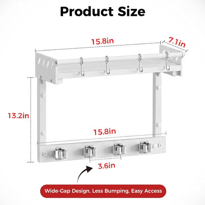 Broom Holder Wall Mount with Shelf, Black, L | 3 in 1 Broom and Mop Organizer, Wall Hanging, For Laundry, Garage, Utility, Vacuum Stand Alternative