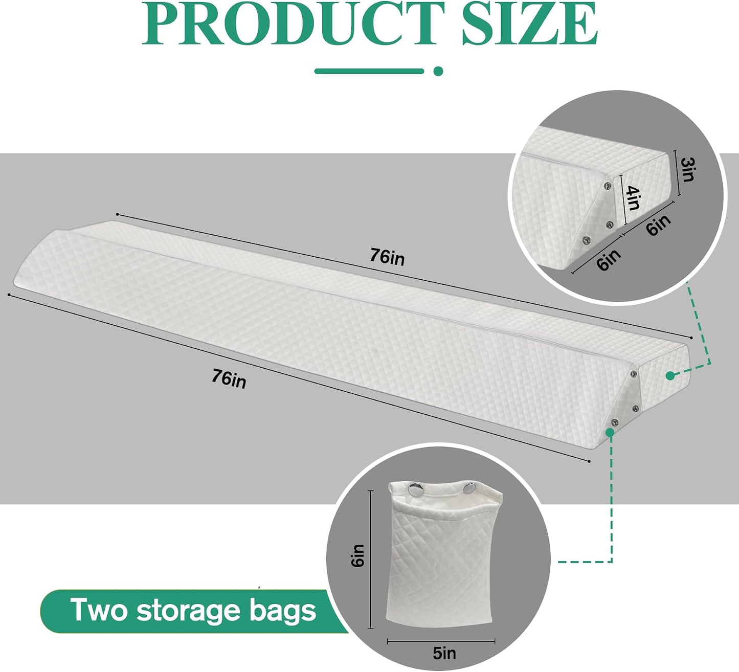 JZHLLA Foldable Pillow Wedge for Headboard Gap 76x6x6in White Cotton Bed Gap Filler with Snap-on Storage Bags Adjustable Pillow Wedge for Headboard Gap