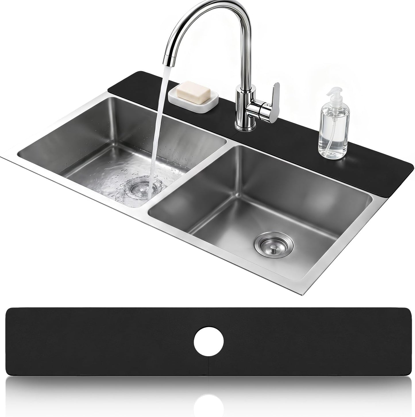 LOPNUR Cuttable Faucet Mat for Kitchen Sink, Extra Long 29 Inch, Black | Super Absorbent & Fast Dry Diatomite Sink Splash Guard, 0.8-2.4 Inch Adjustable Faucet Hole, Cut to Fit Bathroom & RV Sinks