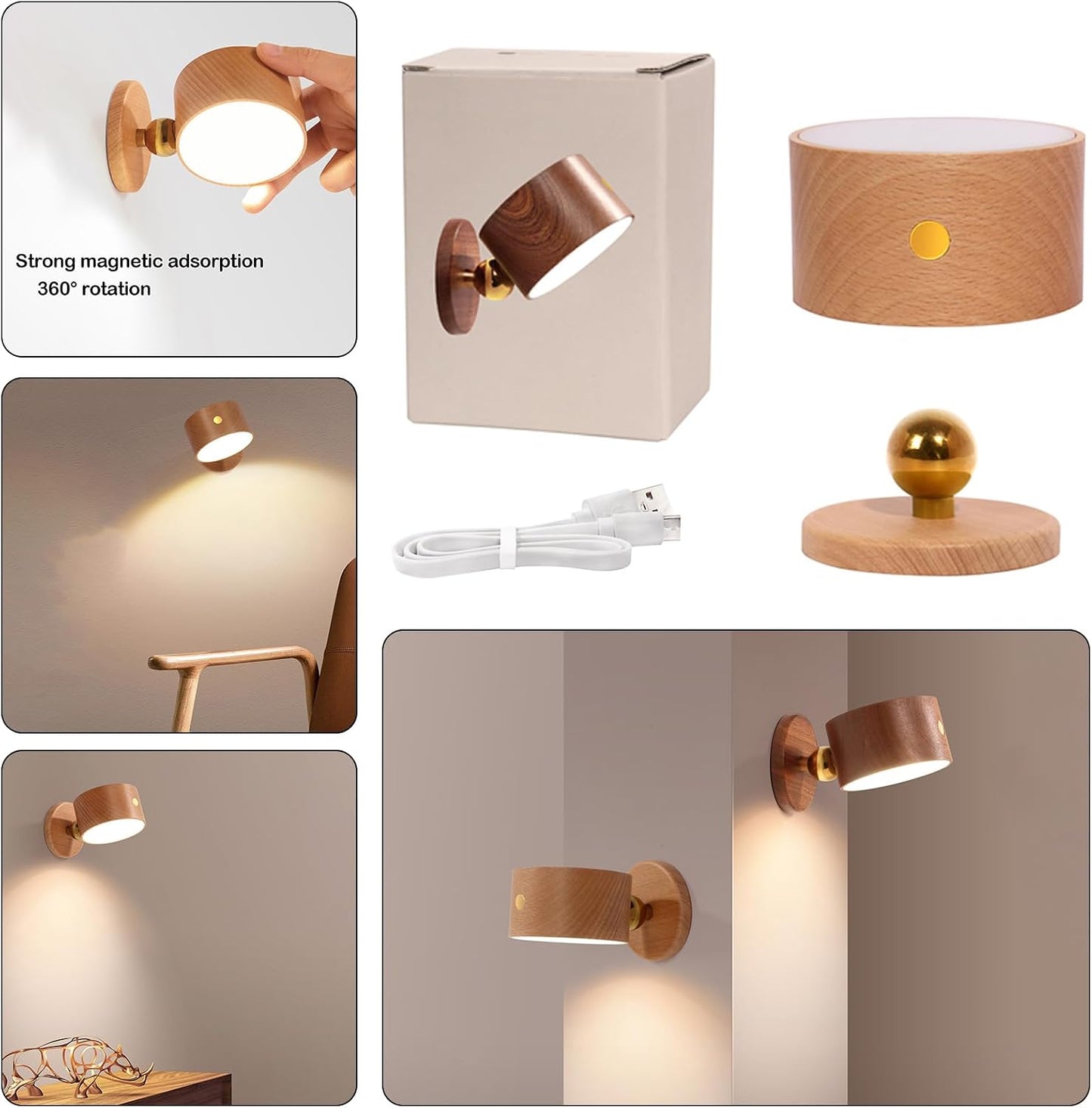 Wooden Wall Sconce 360° Rotatable Magnetic Stick on Bedside- Beech,1 PCS | Wall light self adhesive,dimmable touch control. USB-C port, minimalist style in hallways,closets,desk,reading,ambient