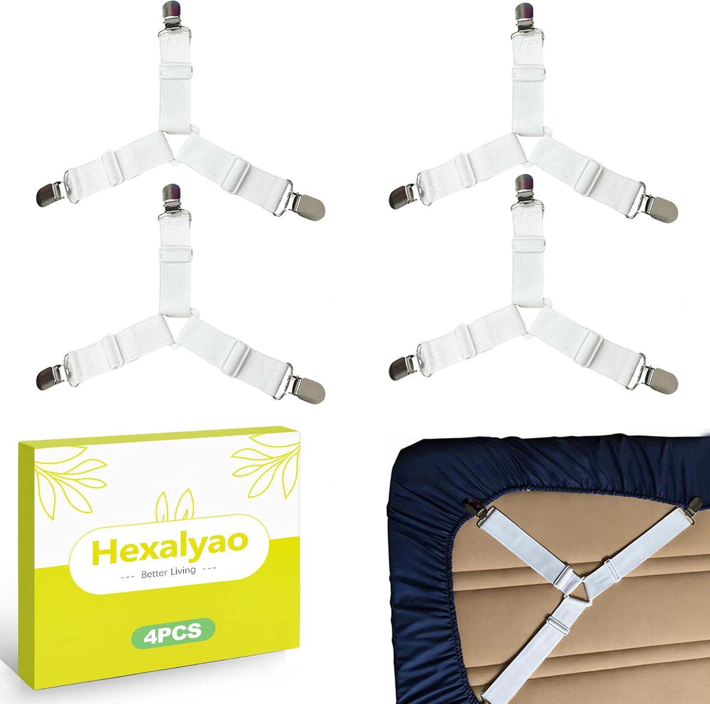 4 Pack Triangle Bed Sheet Holder Straps, Adjustable Mattress Sheet Fasteners and Clips for Fitted Sheets, Elastic Sheet Grippers Suspenders for Twin, Full, Queen, King Size Beds, White