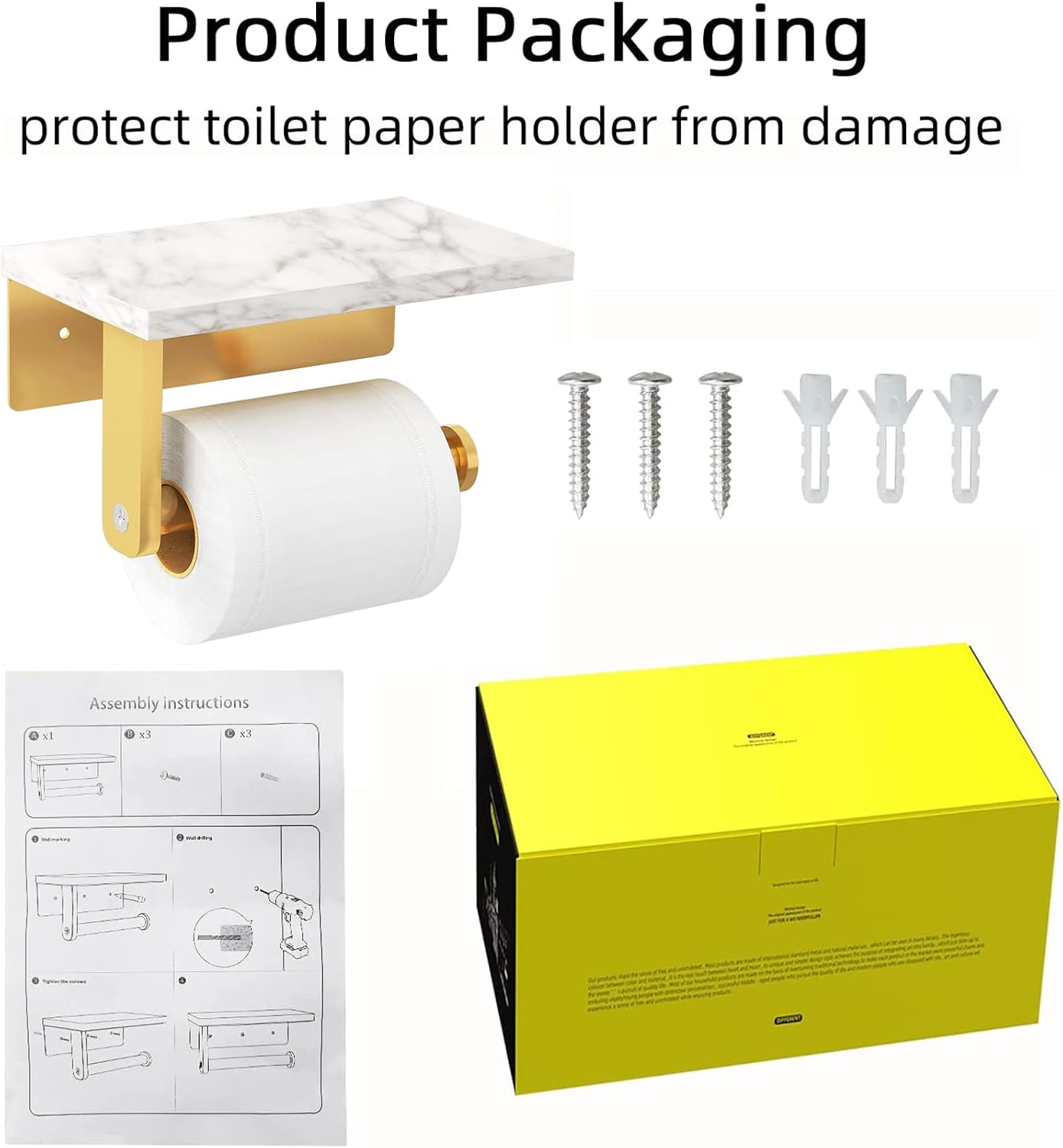 Gypie Marble Toilet Paper Holder with Shelf, Wall Mounted Matte Black | Stainless Steel Tissue Roll Paper Holder Dispenser for Bathroom Washroom