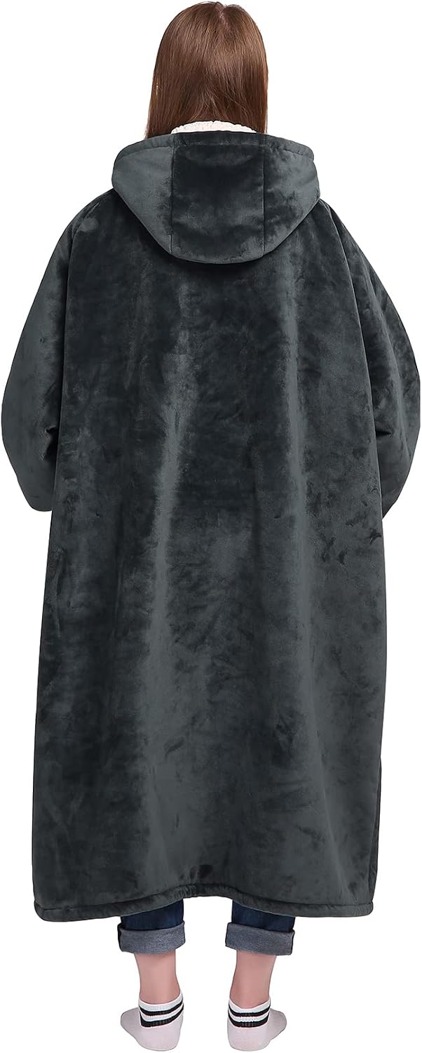 Wearable Blanket Sweatshirt Gifts for Women and Men, Warm and Cozy Giant Blanket Hoodie, Thick Flannel Blanket with Sleeves and Giant Pocket - Dark Gray