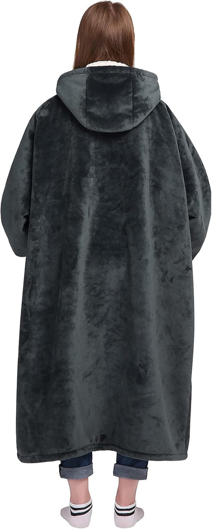 Wearable Blanket Sweatshirt Gifts for Women and Men, Warm and Cozy Giant Blanket Hoodie, Thick Flannel Blanket with Sleeves and Giant Pocket - Dark Gray