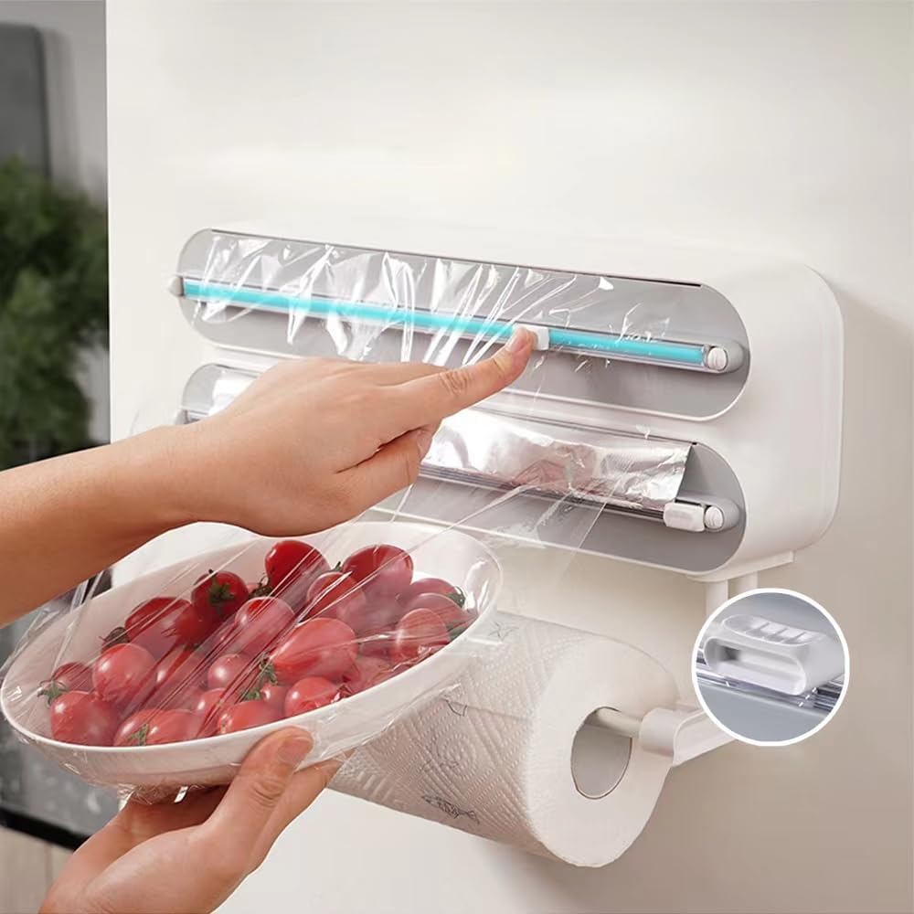Magnetic Wrap Dispenser with Cutter - 3-in-1 Kitchen Organization and Storage for Plastic Wrap, Aluminum Foil & Paper Towel Holder | Strong Magnet Fridge & Wall Mount (Includes Wrap & Foil)
