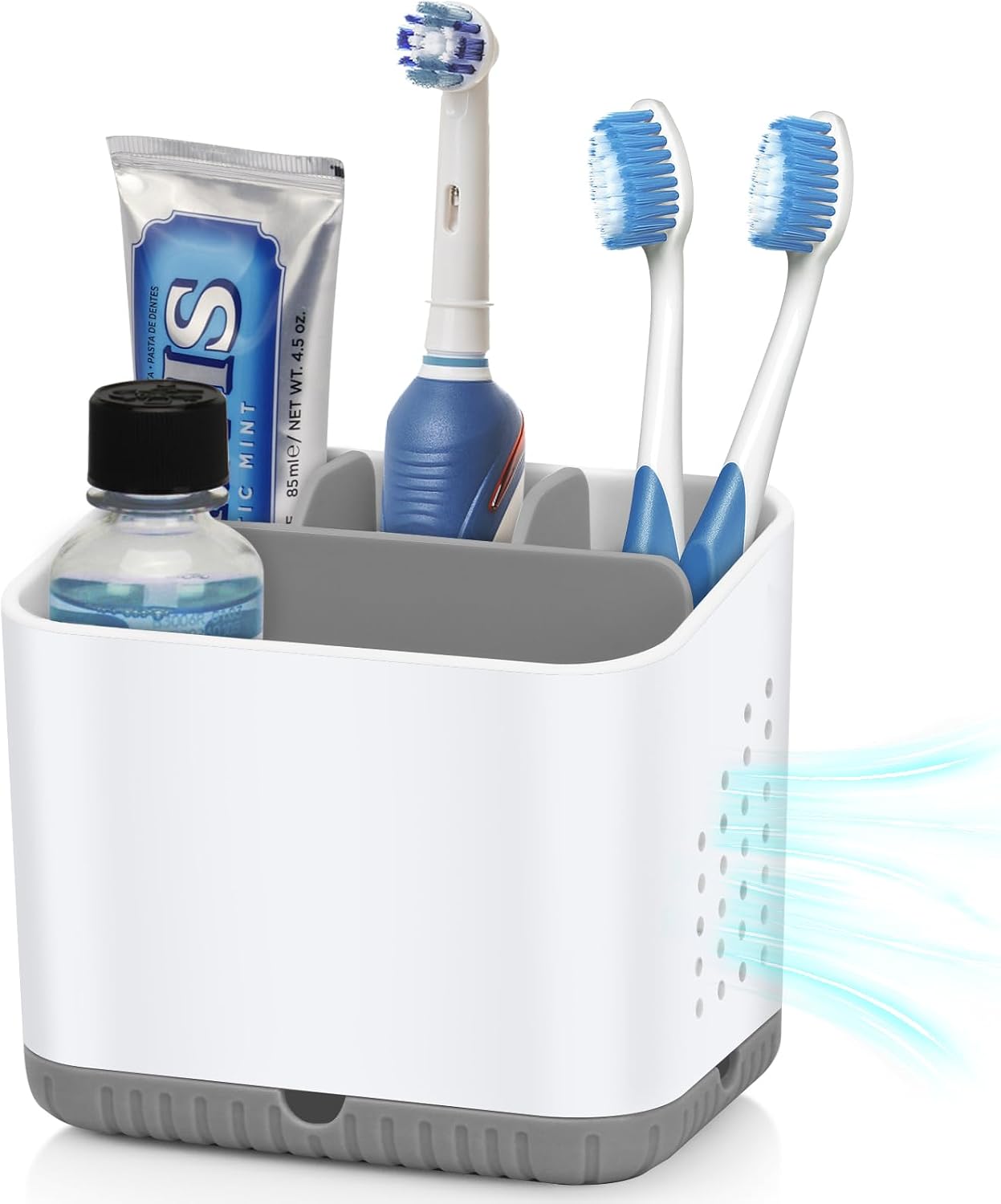Bathroom Toothbrush Holders, Toothbrush and Toothpaste Holder (Wood Grain) | Easy To Clean, Drainage, Removable, Non-Slip, 4 Slots Tooth Brush Holder for Bathroom Countertop Organizer