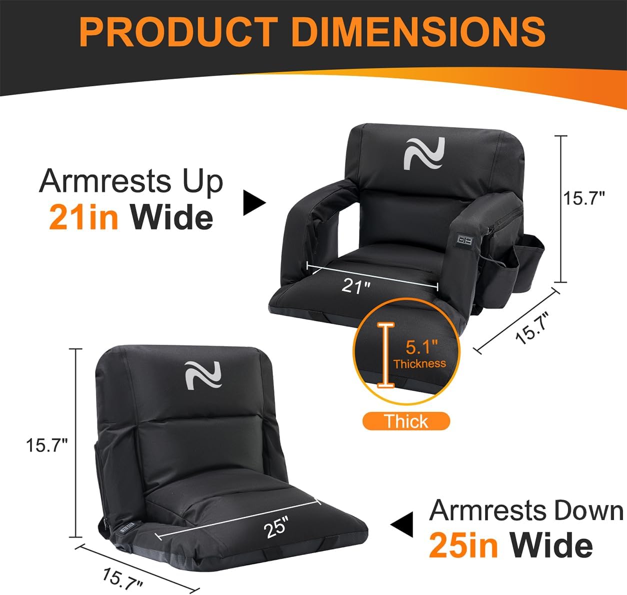 Wide Heated Stadium Seat for Bleachers w/Back Support & Cushion | 5-Position Adjustable Heated Stadium Seat with Armrests, 3 Heat Levels, Anti-Slip, Side Pockets, Backpack Straps (No Battery)