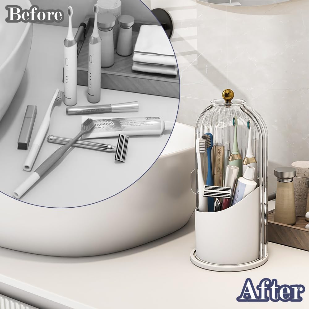 Toothbrush and Toothpaste Holders with Cover, Grey White | Waterproof and Dustproof, 360° Rotating Base, Smooth Sliding Door, 3 Slots, for Bathroom Countertop