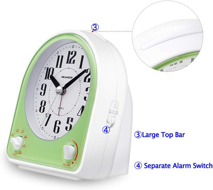 Peakeep Analog Alarm Clock Non-Ticking Silent, 7 Wake-up Sounds | with Volume Control, Nightlight and Snooze, AA Battery Operated (Black)