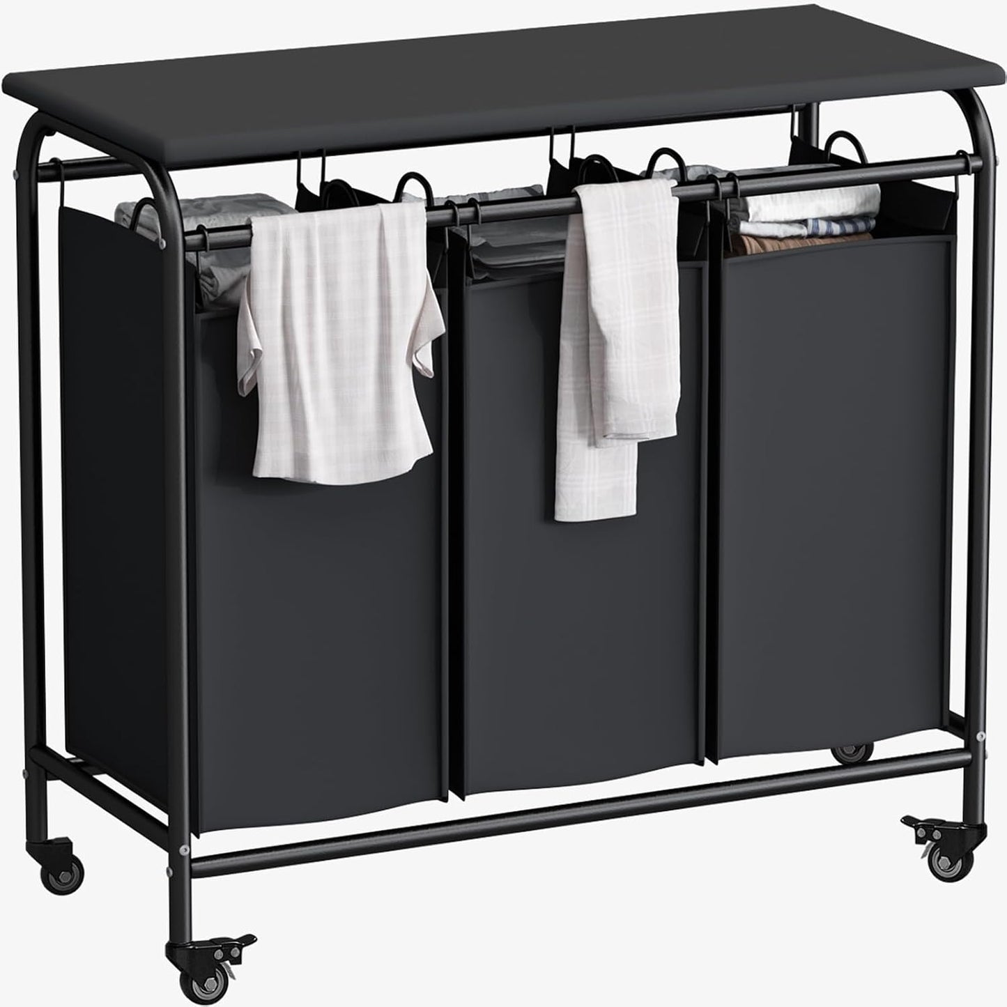 LINZINAR 3 Section Laundry Hamper, Black Laundry Basket 135L Laundry Sorter | Laundry Room Organization with Heavy Duty Rolling Lockable Wheels and Removable Bag, Bedroom Laundry Cart for Clothes Storage