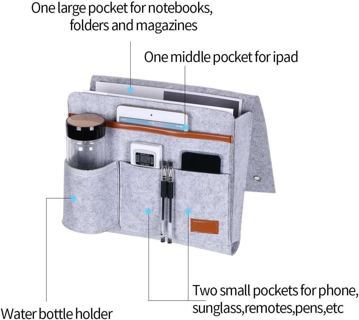 Bringsine 5 Pockets Bedside Caddy, Felt Bed Storage Organizer Hanging Bag Holder for Magazine Book Phone Tablet iPad Cables Remote and Glasses Holder Home Dorm Bed Sofa-Black