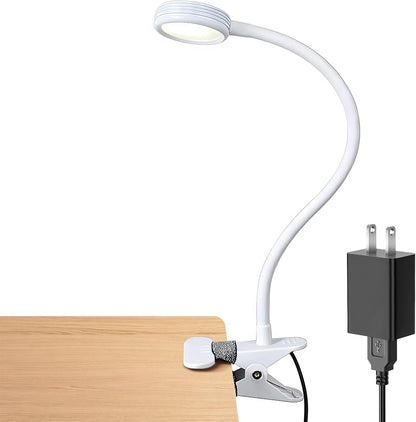 LEPOWER Clip on Light, Book Reading Lamp for Desk, Bed Headboard and Dorm | Adjustable Gooseneck, Color & Brightness Changeable, Adapter Included, LED Table Lamp for Computer, Bedside, Metal, White